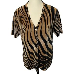 Vintage 90s Y2K Plisse Pleated Zebra Animal Print Top Blouse Large Ribbed Retro